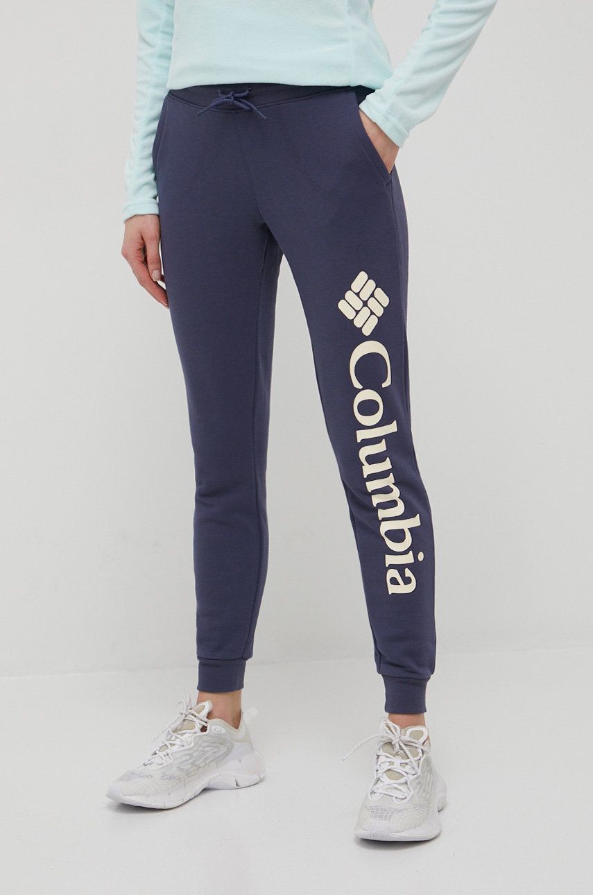 Columbia spodnie damskie kolor granatowy z nadrukiem Columbia