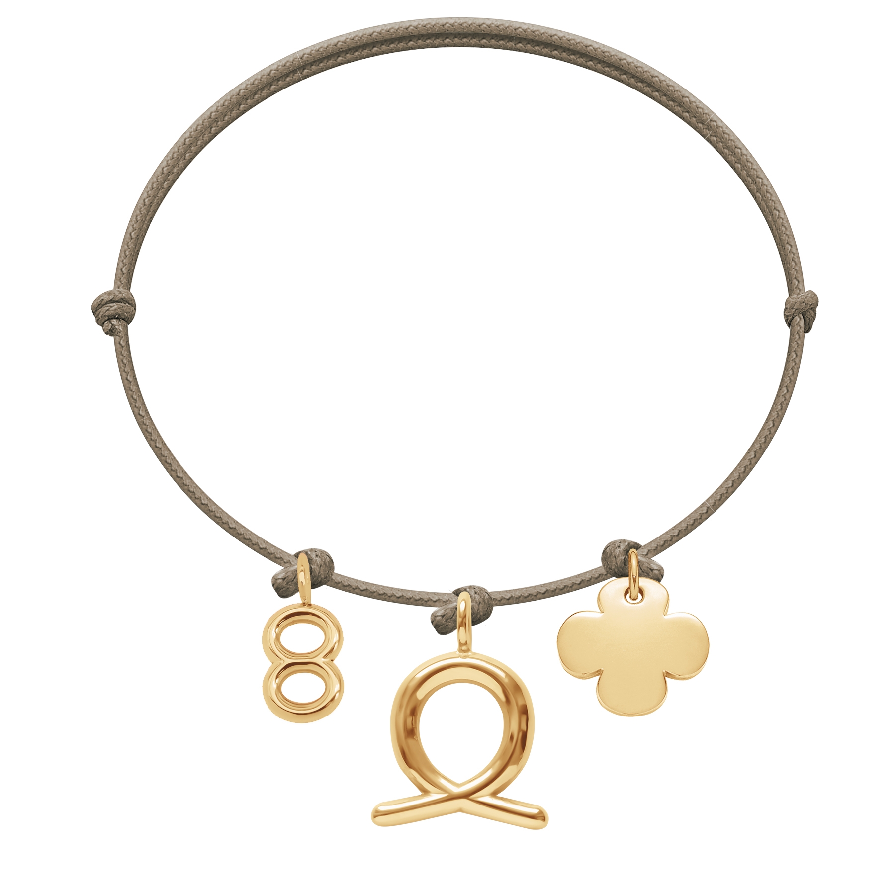 Bransoletka z cyfrą 8, Panną i okrągłą koniczynką na cienkim sznurku w  kolorze jasnego cappucino Lilou