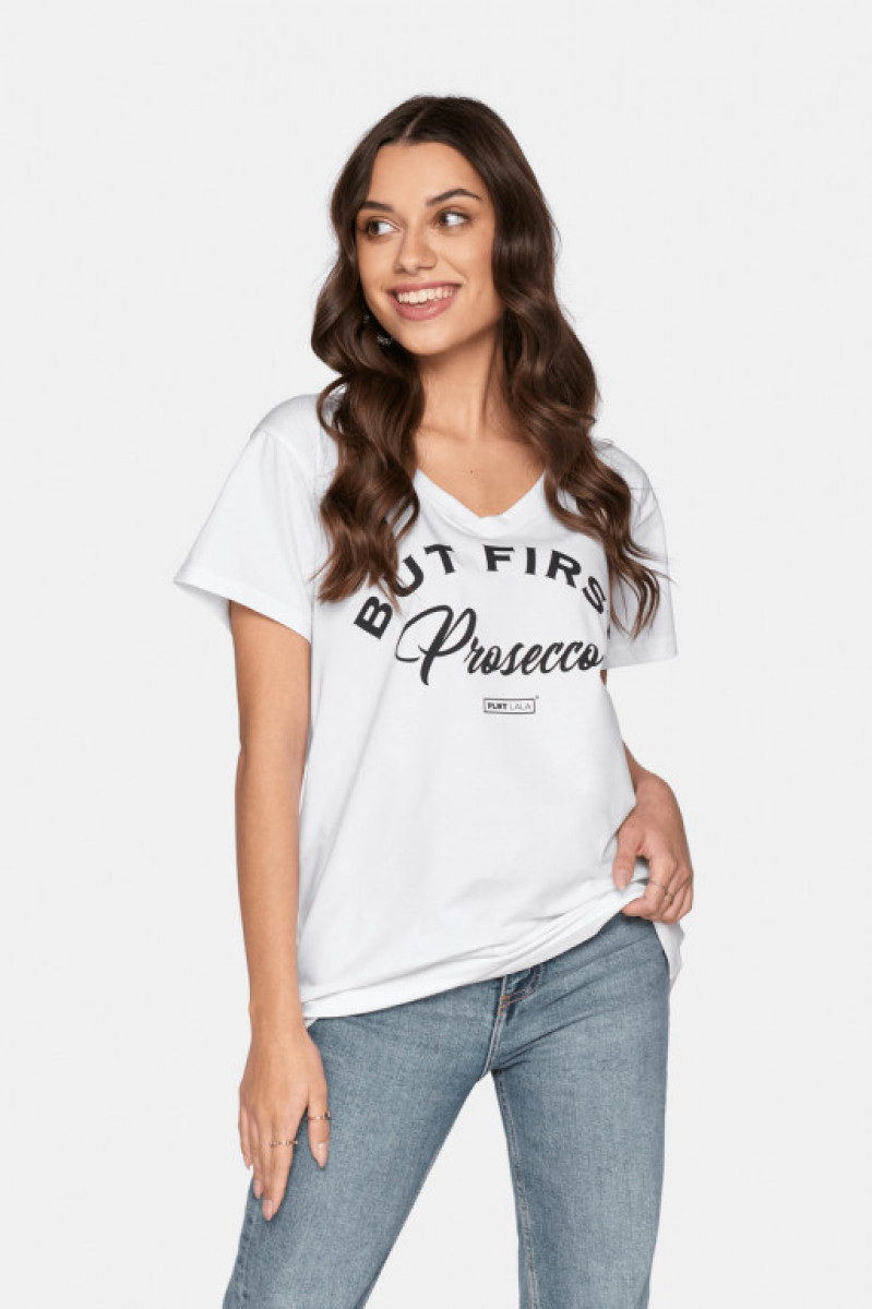 Damski t-shirt z nadrukiem PLNY LALA Prosecco V-Neck White Tee PLNY LALA