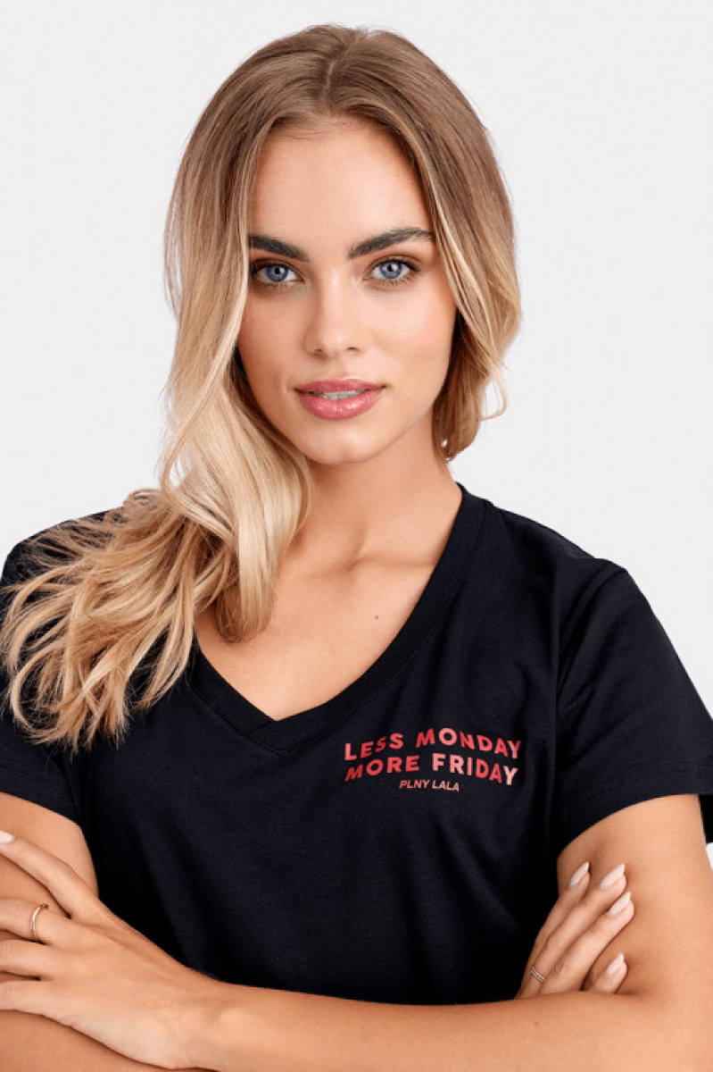 Damski t-shirt z nadrukiem PLNY LALA Less Monday V-neck Black Tee PLNY LALA
