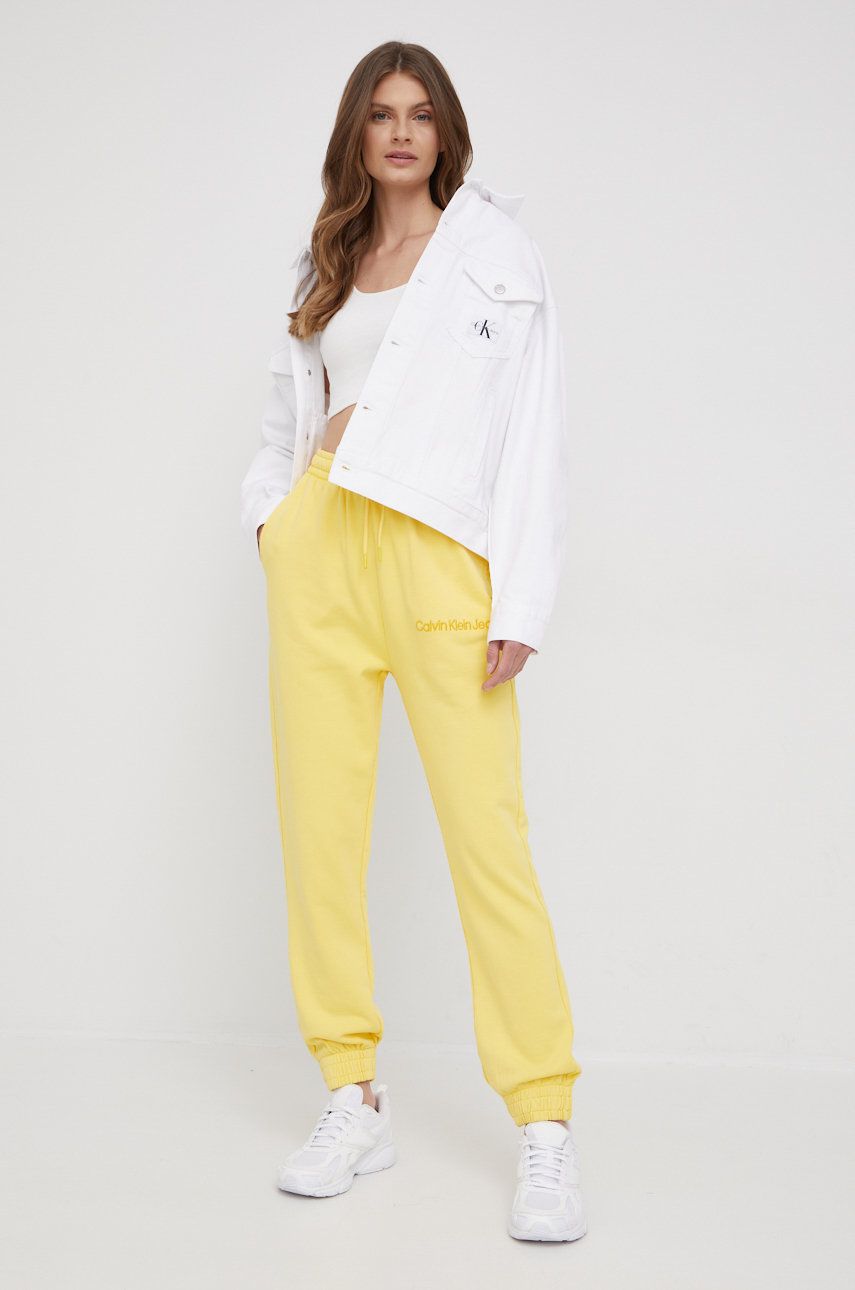 Calvin Klein Jeans spodnie dresowe bawełniane J20J218035.PPYY damskie kolor  żółty gładkie Calvin Klein Jeans