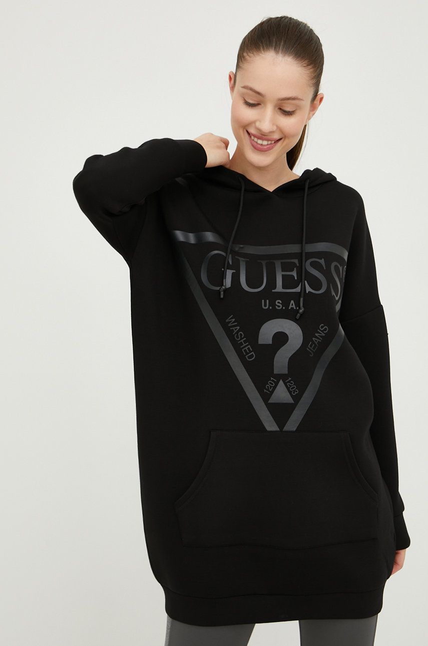 Guess bluza damska kolor czarny z kapturem z nadrukiem Guess