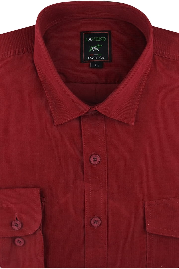 Koszula Męska Sztruksowa na co dzień do pracy robocza gładka czerwona  malinowa z długim rękawem w