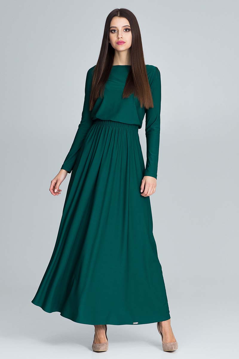 Zielona Zwiewna Sukienka Maxi z Podkreślona Talią FIGL