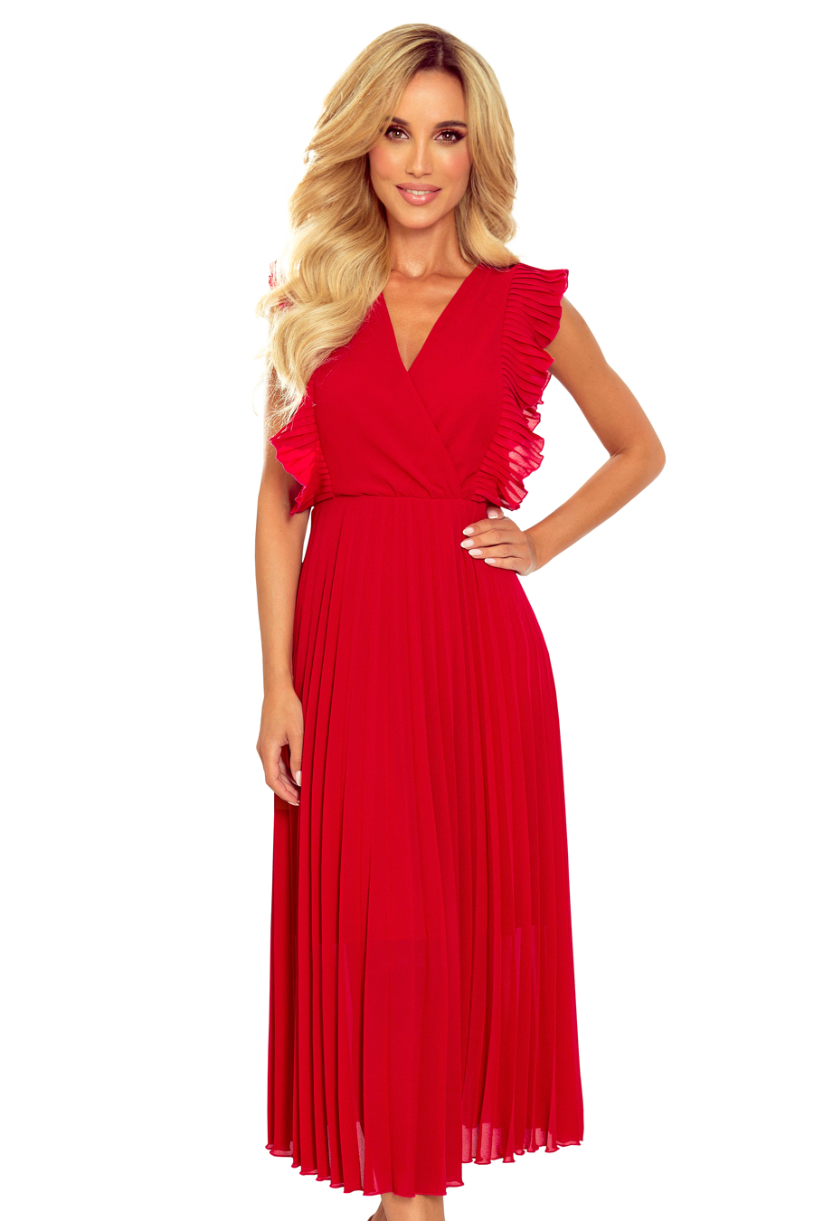 Kopertowa Sukienka Midi z Plisowanym Dołem - Czerwona Numoco