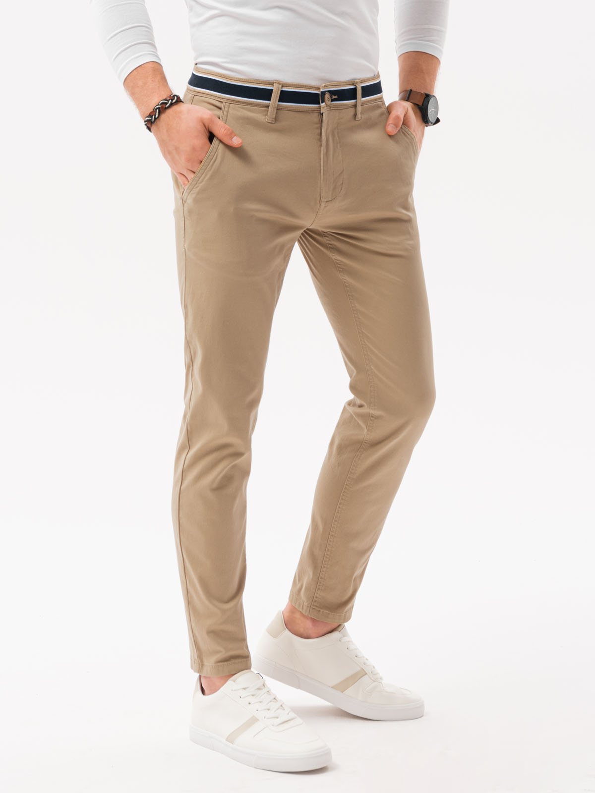 Spodnie męskie chino P156 - beżowe - S Ombre Clothing