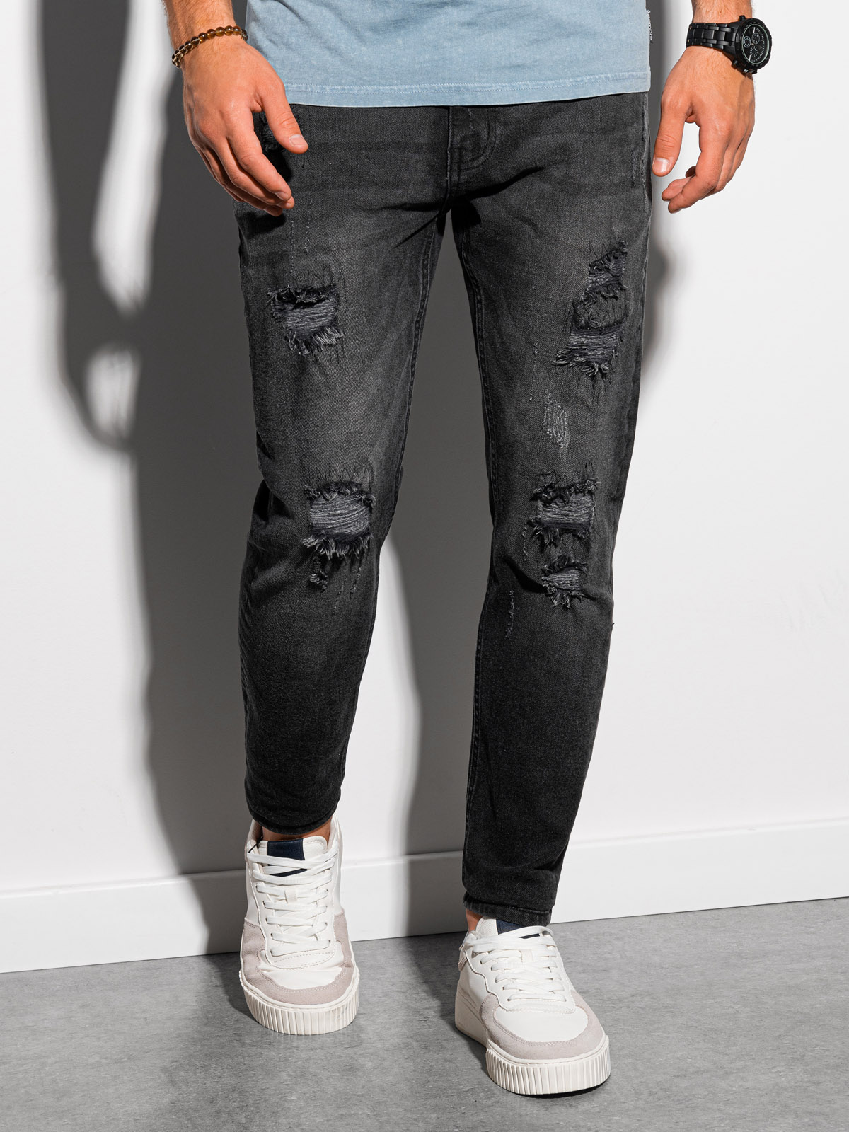 Spodnie męskie jeansowe z dziurami SLIM FIT P1025 - czarne - L Ombre  Clothing