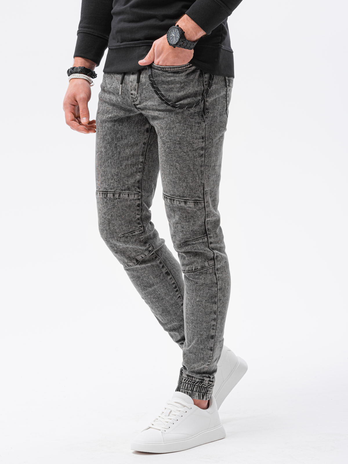 Spodnie męskie jeansowe joggery P1056 - czarne - 3XL Ombre Clothing