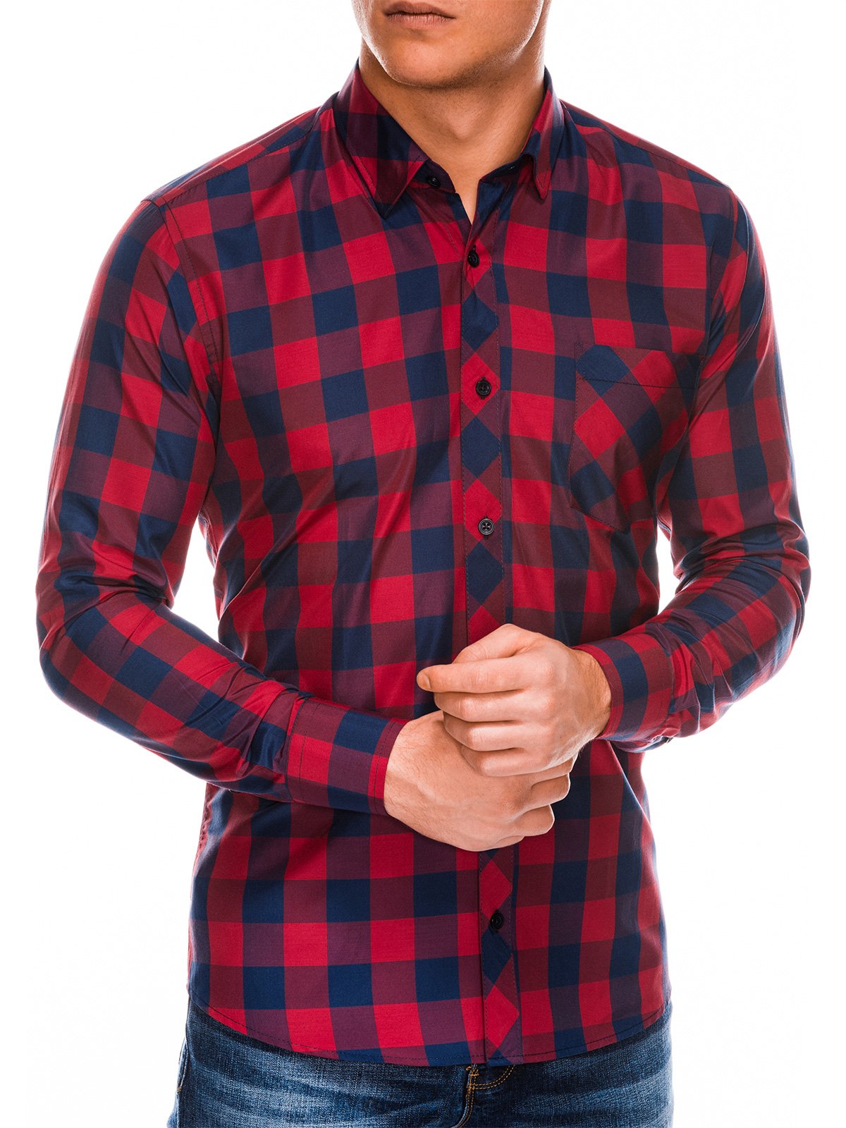 Koszula męska w kratę z długim rękawem K282 - czerwono-granatowa - XXL  Ombre Clothing