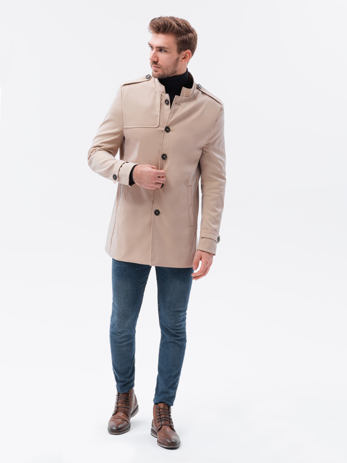 Płaszcz męski C269 - beżowy - S Ombre Clothing