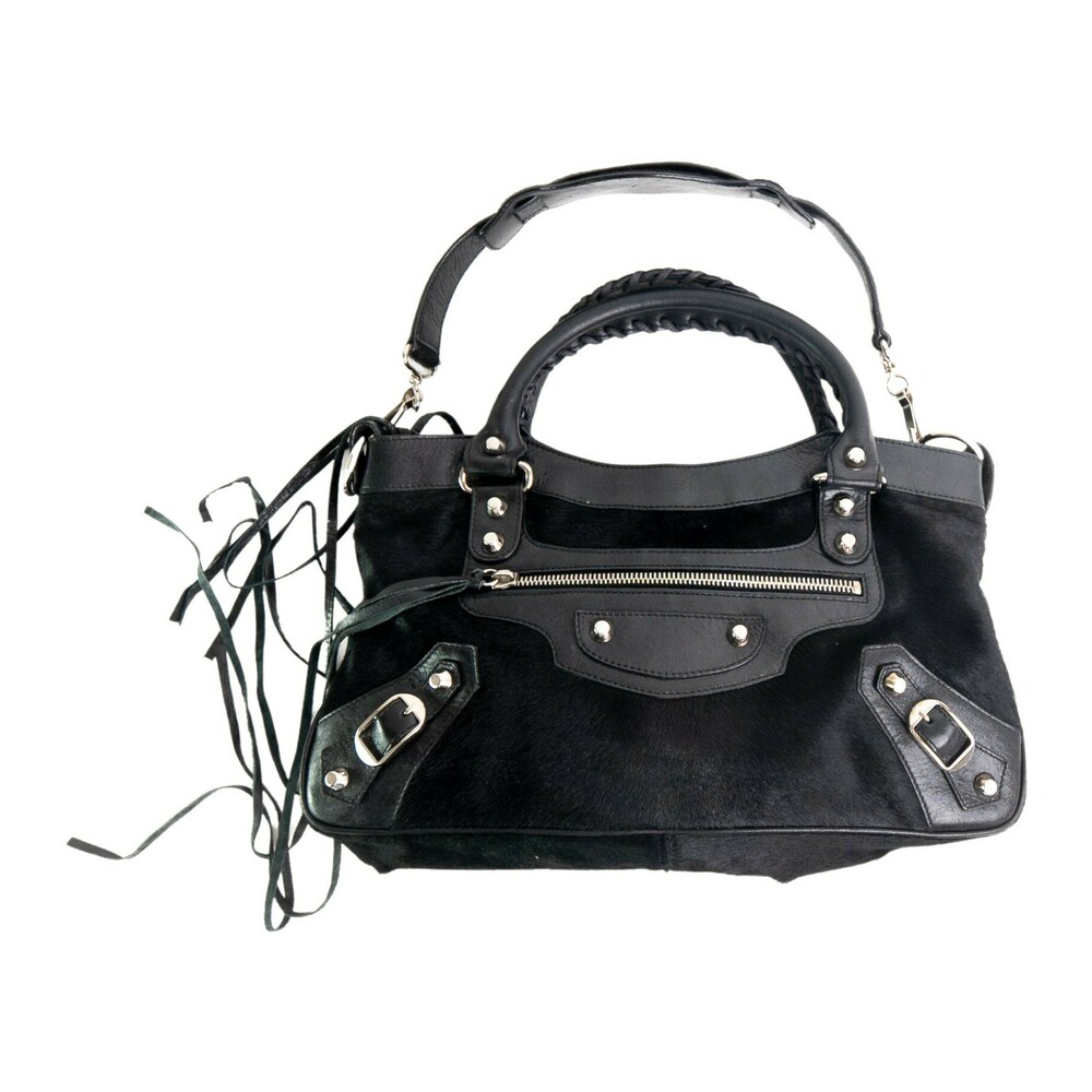 Balenciaga Vintage, Preowned Pony Hair Leather Bag Czarny, female