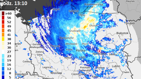 Radar opadów, godz. 13:10 (IMGW)