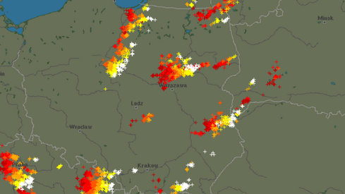 Aktualny detektor wyładowań (białe krzyżyki oznaczają wyładowania aktualne, a czerwone - sprzed 20 minut). Źródło: blitzortung.org