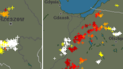 Aktualnie najmocniejsze wyładowania znajdują się na południe od Rzeszowa i w okolicach Grudziądza. Źródło: blitzortung.org