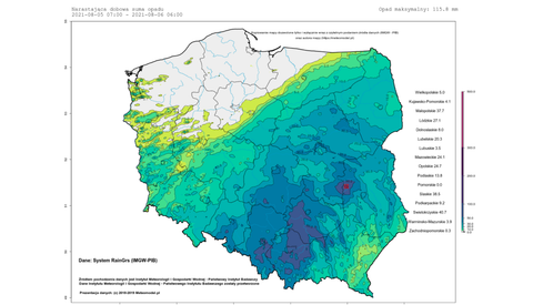 Suma opadów za ostatnią dobę  (dane: IMGW-PIB; mapa: meteomodel.pl)