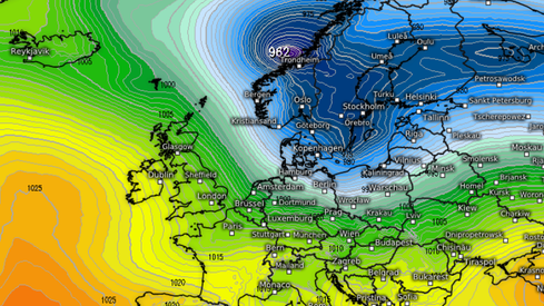 Ciśnienie atmosferyczne w Europie o godz. 14:00 (kachelmannwetter.de)