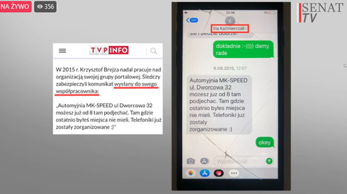 Brejza pokazuje kolejne SMS-y i ich sposób interpretacji przez telewizję publiczną. - Cała sprawa to tak naprawdę to, że moja asystentka załatwiła mi wizytę na myjni. Wiadomość SMS wysłała z telefonu, który był na nią zarejestrowany i ona za niego płaciła (...) Ktoś specjalnie zamienił nadawcę z odbiorcą. (...) Wyszło, że ja załatwiam lewe telefony, uczestniczę w jakiejś grupie zajmującej się terroryzmem - mówi Brejza, relacjonując materiały telewizji publicznej na swój temat.