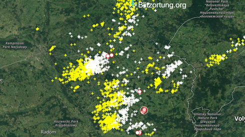 Detektory wyładowań wskazują, że najintensywniejsze burze przesunęły się obecnie na północną część województwa lubelskiego.