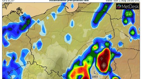 Model GFS pokazuje, że za kilka godzin najbardziej intensywne opady obejmą dużą część Lubelszczyzny.