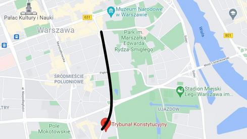 Tak wygląda aktualna trasa marszu - od siedziby Trybunału Konstytucyjnego do pl. Trzech Krzyży