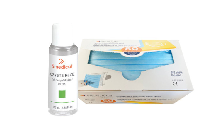 Zestaw: maseczki chirurgiczne (50 sztuk) + żel dezynfekujący 100 ml