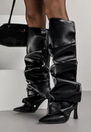 Kozaki damskie - Czarne Kozaki na Szpilce z Marszczoną Cholewką na Napy Reniara - miniaturka - grafika 1