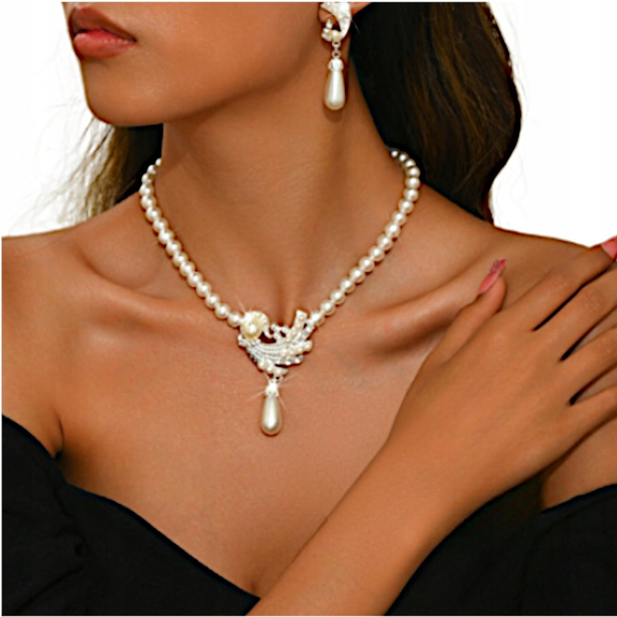 Kolczyki Naszyjnik Komplet Srebrny Zestaw Cyrkonie Perły Ślubny Wieczorowy