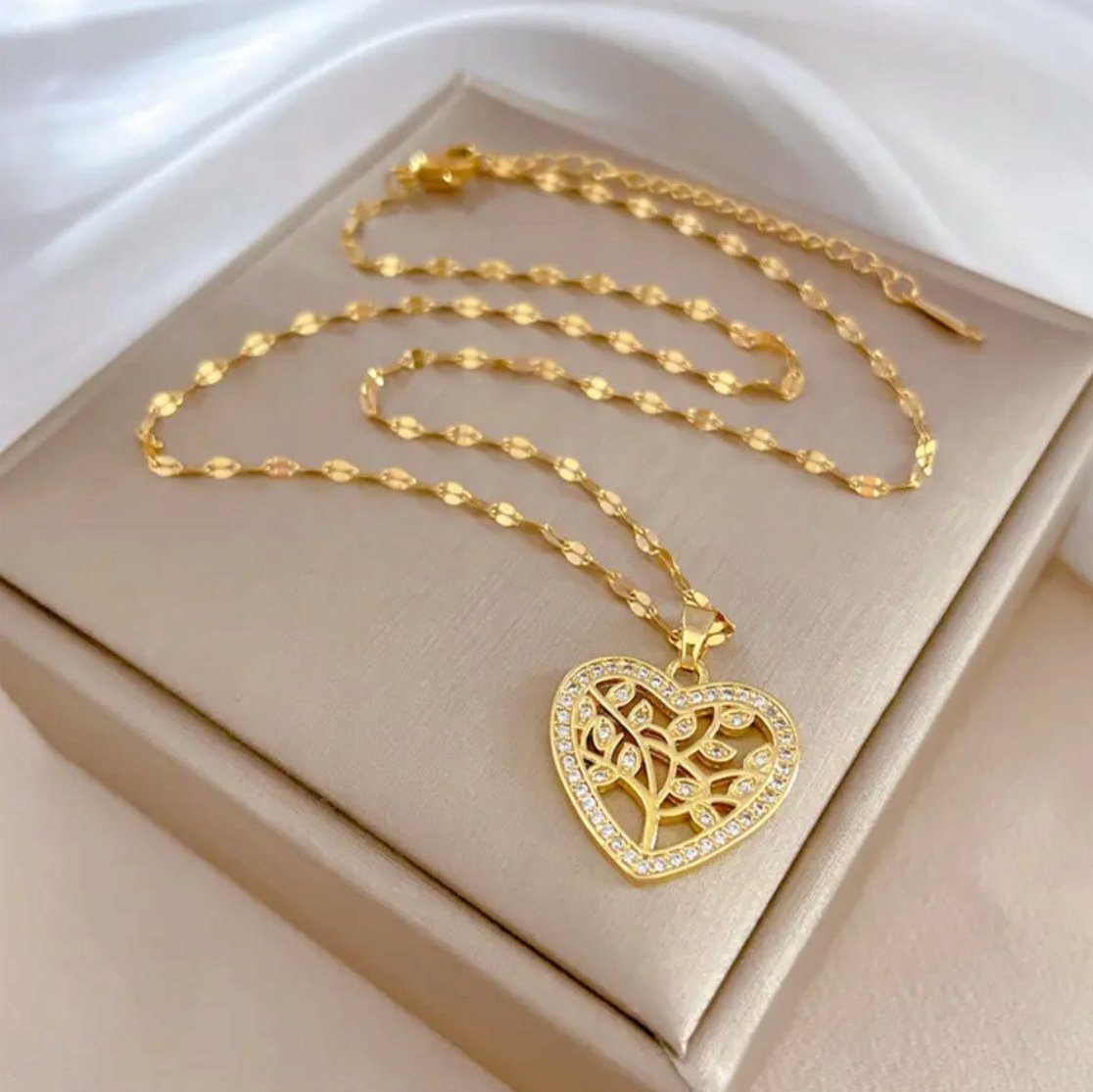 Złoty Naszyjnik Drzewo Życia Serce Cyrkonie Stal Szlachetna na Prezent