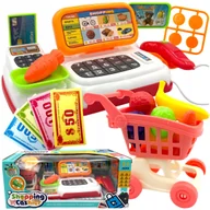 Zabawy w naśladowanie dorosłych - Kasa sklepowa na baterie zabawkowa kasa wózek sklepowy warzywa pieniądze. - miniaturka - grafika 1