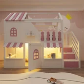 Łóżka dla dzieci i młodzieży - Łóżko piętrowe 90 x 200 cm z oknami, dachem, baldachimem i drzwiczkami - sosna + sklejka + MDF - LED - różowo-biały (bez materaca) - miniaturka - grafika 1