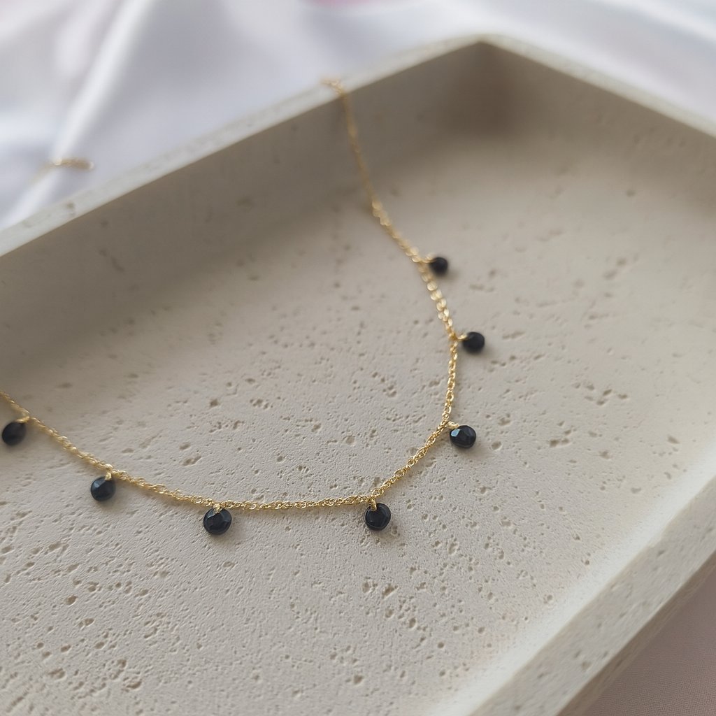 Naszyjnik Ruby Złota Celebrytka Czarne Kamienie Stal 45 cm Prezent dla Niej