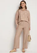 Komplety damskie - Ciemnobeżowy Komplet z Wiskozy o Kroju Oversize Koszula z Haftem i Spodnie Sadeonna - miniaturka - grafika 1