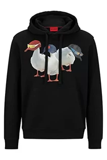 Bluzy męskie - HUGO Męska bluza z kapturem Ducks Relaxed-Fit z bawełny Terry z nadrukiem kaczki, czarny (Black1), XS - grafika 1