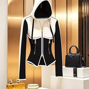 TEMU Stylowa czarna i biała kurtka z kapturem i zamkiem błyskawicznym dla kobiet z kieszeniami - Casual Streetwear, długi rękaw, przodu z guzikami, - Kurtki damskie - miniaturka - grafika 1