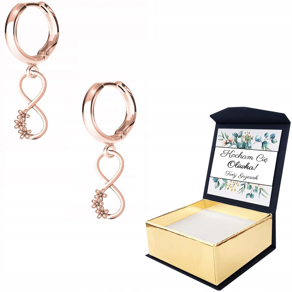 Kolczyki różowe złoto Nieskończoność WŁASNY NADRUK