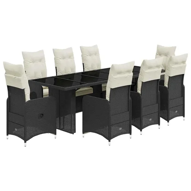 Zestaw Bistro Rattan PE czarny 8 krzeseł + stół + poduszki