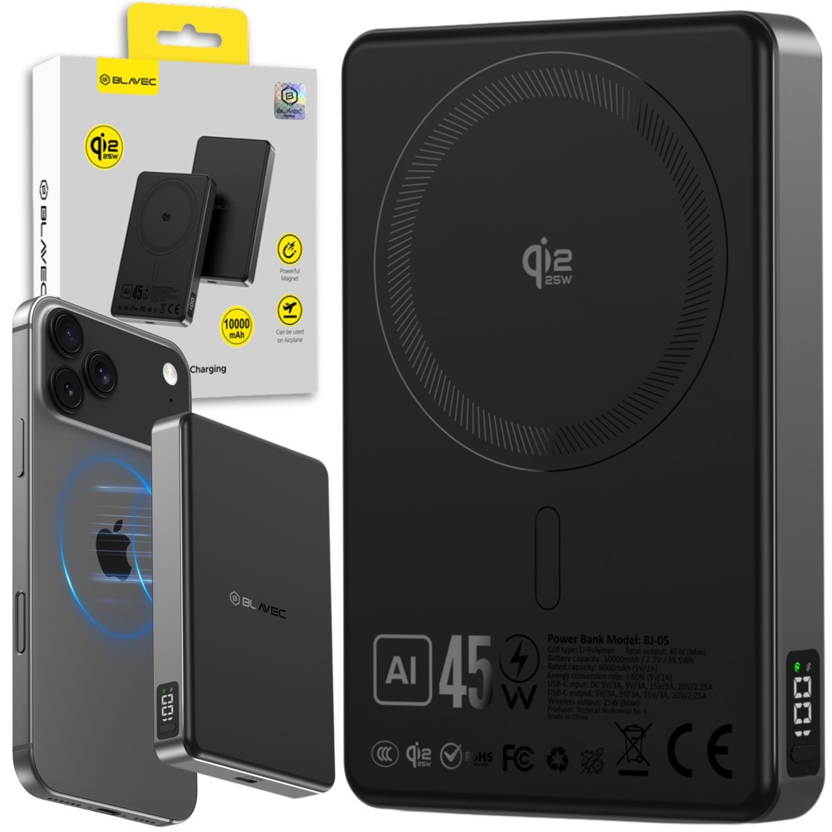 Blavec Powerbank MagSafe 10000 mAh Qi2.2 25W + PD 45W 16mm czarny