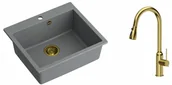 Zlewozmywaki z baterią - Quadron Zlewozmywak granitowy jednokomorowy 57*50*22 cm MORGAN 110 SILVER STONE ze złotym odpływem z baterią JESSICA Q LINE z wyciąganą wylewką i funkcją prysznica kolor złoty - miniaturka - grafika 1