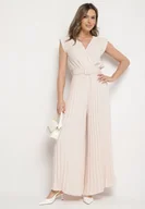 Kombinezony - Beżowy Kombinezon o Kopertowym Kroju z Plisami i Paskiem w Talii Salivania - miniaturka - grafika 1
