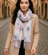 Apaszki i szaliki damskie - Szal damski z motywem kwiatowym i frędzlami elegancki - miniaturka - grafika 1