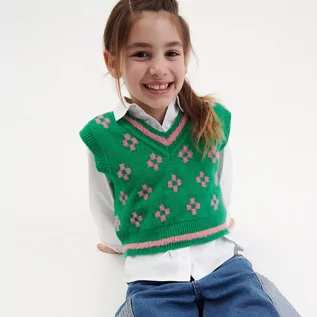 Bluzy dla dziewczynek - Reserved - Dzianinowa kamizelka we wzory - Zielony - grafika 1