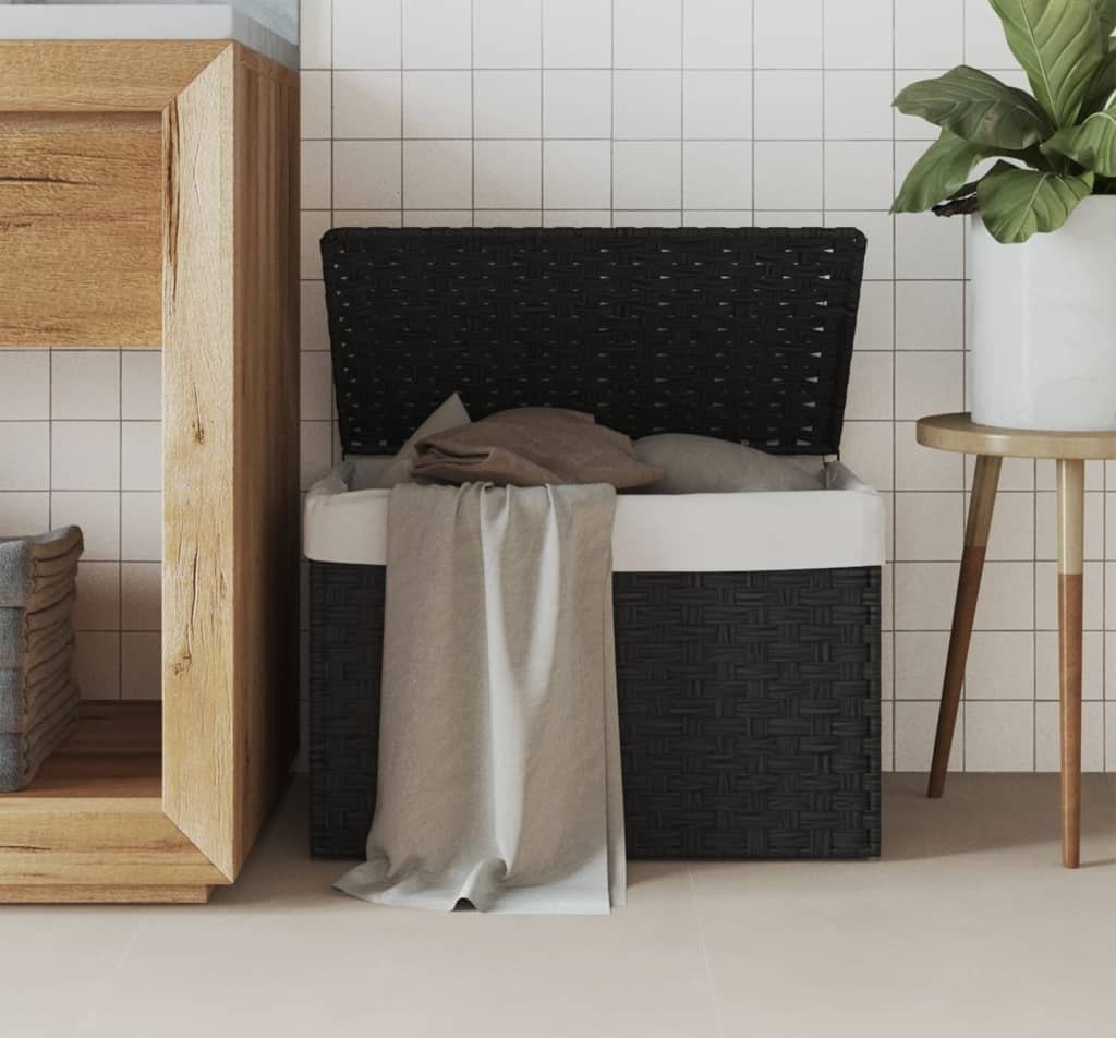 Kosz na pranie z pokrywą czarny 55,5x35x34 cm z polirattanu