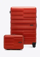 Walizki - Duża walizka i kosmetyczka z polikarbonu w poziome pasy czerwone - miniaturka - grafika 1