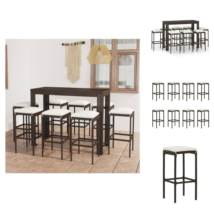 vidaXL 9-częściowy ogrodowy zestaw barowy z poduszkami z polirattanu brązowy - Zestawy mebli ogrodowych