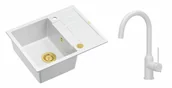 Zlewozmywaki z baterią - Quadron Unique Zlewozmywak granitowy jednokomorowy 62*50*22 cm z ociekaczem MORGAN 116 SNOW WHITE z syfonem Push-2-Open w kolorze złotym z baterią INGRID Q LINE kolor biały mat - miniaturka - grafika 1