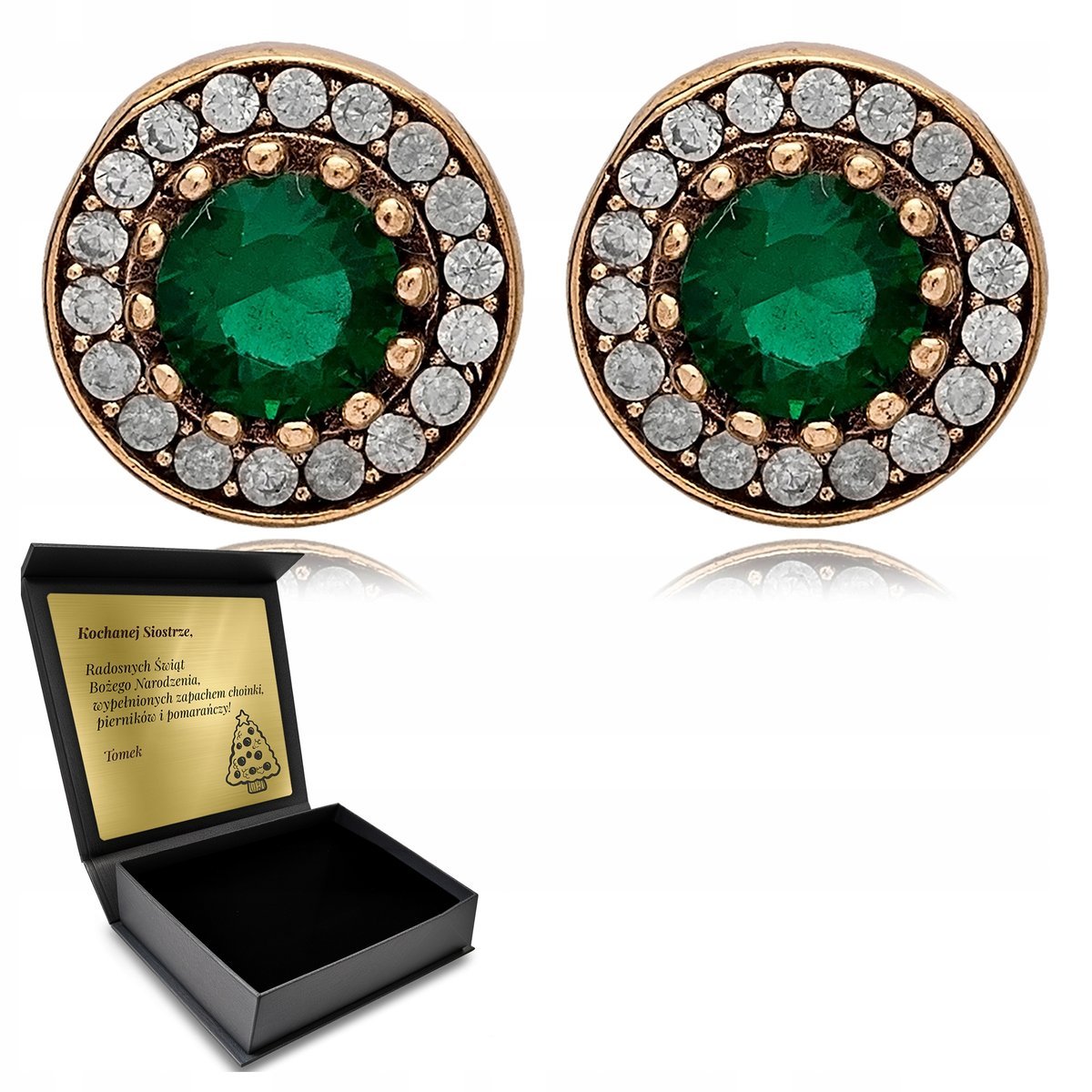 Okrągłe Srebrne Kolczyki Ze Szmaragdem I Cyrkoniami Zjawiskowe + Grawer