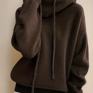 Swetry damskie - TEMU Elegancki damski sweter z kapturem w oliwkowej kolorze - miękki, elastyczny sweter z długim rękawem i kapturem ze sznurkiem, luźny krój, ciepły - miniaturka - grafika 1