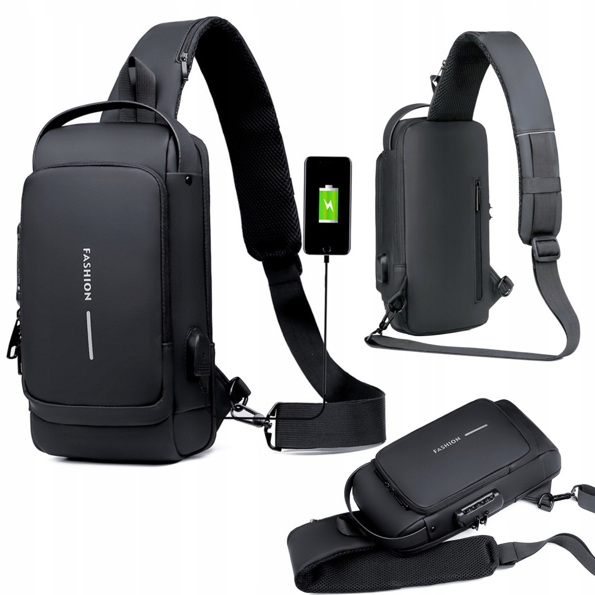 Torba Plecak Na Ramię Nerka Czarna Saszetka Wodoodporna Usb Na Powerbank