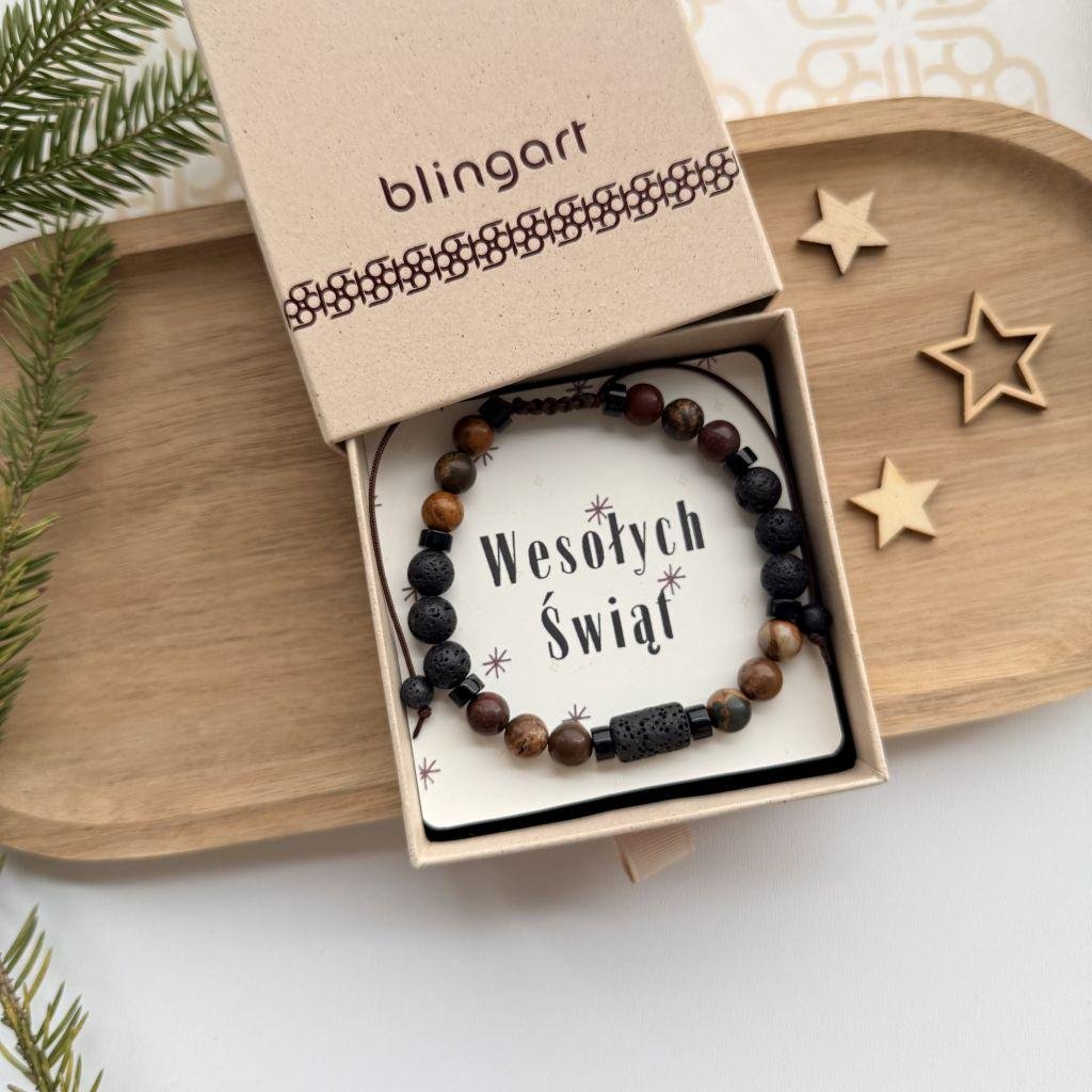 Bransoletka męska życzę Ci jaspis krajobrazowy lawa wulkaniczna