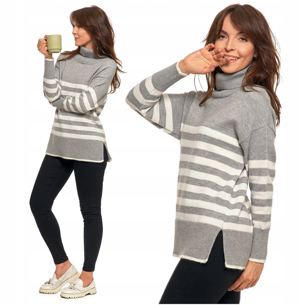 SWETER DAMSKI w Paski Golf Luźny Wygodny Beżowy Stylowy na Jesień MORAJ XXL